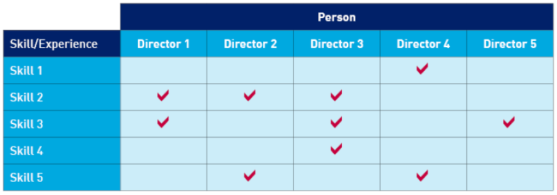 A skills matrix is a visual tool which is used by boards to clearly illustrate the skills and competencies of its directors, both individually and as a collective