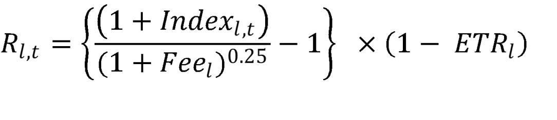 〖Index〗_(l,t) is the quarterly return on the index chosen to reflect asset class l for quarter t, 〖Fee〗_l is the annualised fee assumed for asset class l, 〖ETR〗_l is the assumed effective tax rate for asset class l