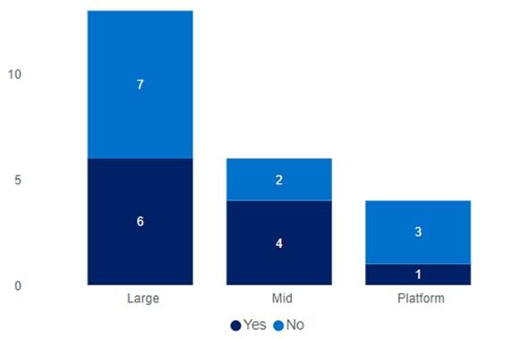Figure 3. Implementation of a dedicated valuation committee (number of RSE licensees) Stacked column chart, where each column represents the number of entities. 3 columns, large entities, mid entities, platform entities. Dark blue represents the RSEL having a valuation committee and blue represents it not. 6 large are yes. 7 large are no. 4 mid are yes. 2 mid are no. 1 platform is yes. 3 platforms are no.